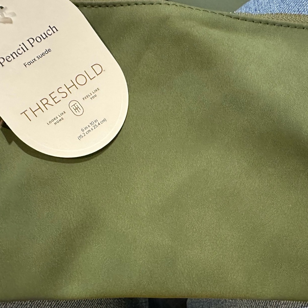 Threshold faux suede pencil pouch‎ olive green gold zipper NWT